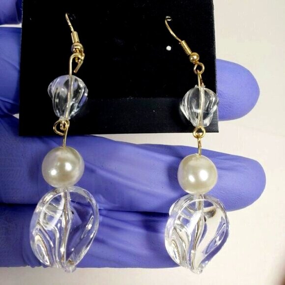 Clear Twisted Bead Drop Earrings w/ Off-white Accent Modern Statement Dangle - Picture 1 of 9